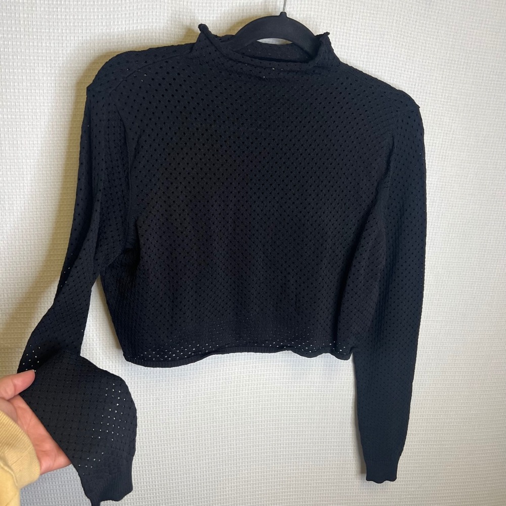 EPTK Black Pointelle Knit Mock Neck Long Sleeve Crop Top W-13342 Size M